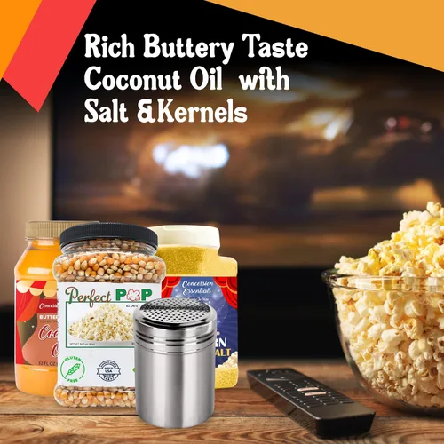 Vista 4 de Concession Essentials Paquete de noche de película: 1 unidad de cada artículo, aceite de coco mantecoso de 32 onzas, sal de palomitas de maíz de 32