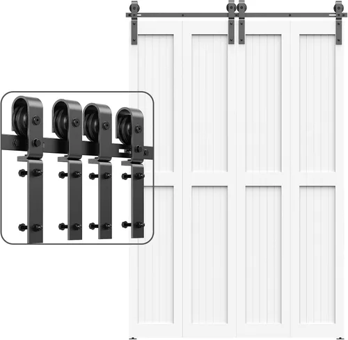 Vista 10 de ROOMTEC Kit de riel de hardware para puerta corrediza de granero biplegable de 2.5 pies, kit de rodillos negros para 2 puertas, forma de J