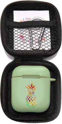 Vista 7 de Funda verde para AirPod 1 y 2 con llavero mosquetón + bolsa de almacenamiento, pintura colorida piña funda inalámbrica para auriculares inalámbricos