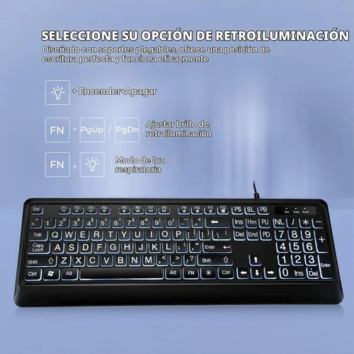 Vista 4 de KOPJIPPOM Teclado Retroiluminado de Letras Grandes, Teclado de Computadora con Cable USB, Teclado de Tamaño Completo con LED Blanco Iluminado