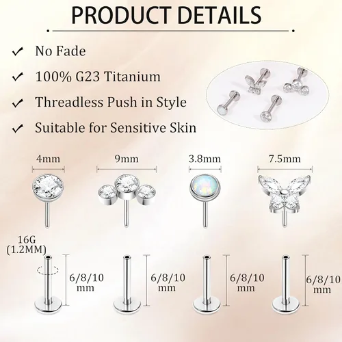 Vista 5 de NICEIGHT 4 aretes de titanio G23 de 16G sin rosca para labret Monroe, aretes hipoalergénicos para cartílago para orejas sensibles, espalda plana