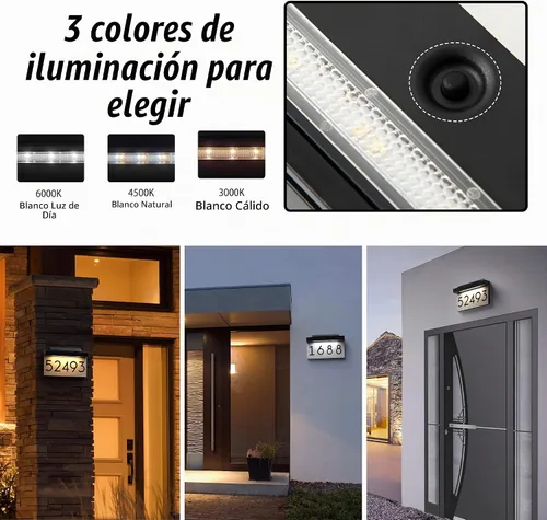 Vista 2 de Placa de dirección para casas, panel solar ajustable alimentado por energía solar, 3 colores de iluminación, números de casa, señal de dirección