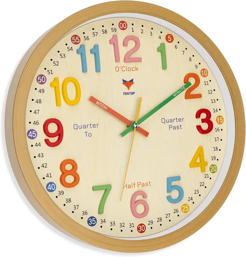 Vista 8 de Foxtop Silent Kids - Reloj de pared de aprendizaje de 12 pulgadas, sin tictac, funciona con pilas, colorido reloj para niños