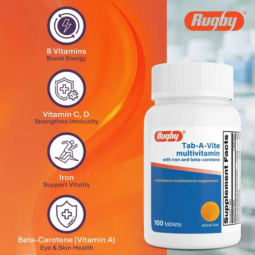 Vista 6 de Rugby Tab-A-Vite Multivitamínico con hierro y betacaroteno – Multivitamínico diario para adultos, apoya la salud general, suplemento multimineral