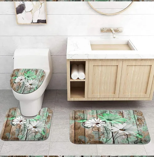 Vista 11 de JAWO Alfombra de baño con flores de granja, dalia en tablones de madera rústica, juego de tapetes de baño con flores azules, en forma de U