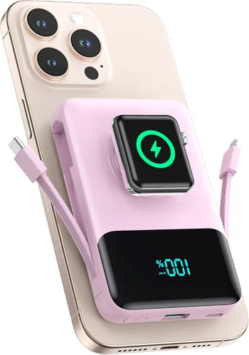 Vista 10 de Cargador portátil magnético para iPhone con cable incorporado, banco de energía inalámbrico de 10800mAh para Magsafe, esencial de viaje, paquete