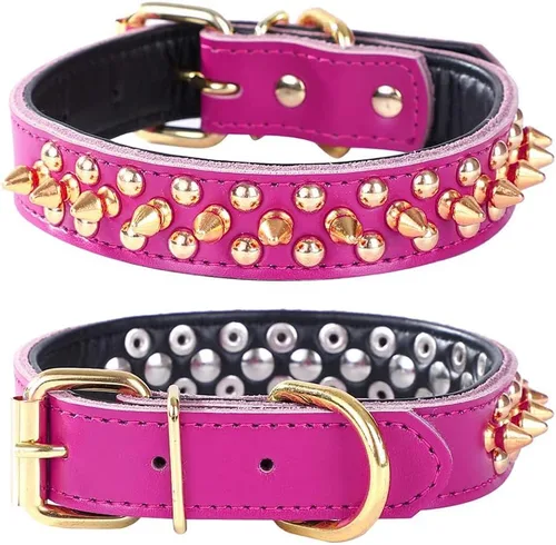 Vista 21 de Collar de perro con tachuelas, collar de perro de cuero genuino, collares ajustables para mascotas pequeñas o medianas (S, negro-1)