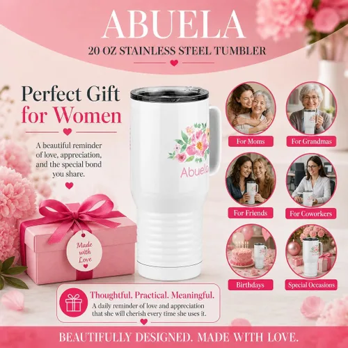 Vista 3 de Just So Posh Abuela Flowers Tumbler, Vaso de Café de Viaje con Asa y Tapa Deslizante, Blanco 20 oz Polar Camel, Acero Inoxidable, Aislado al Vacío
