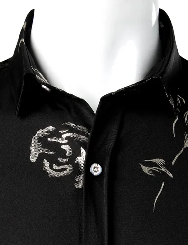 Vista 4 de ZEROYAA - Camisas de vestir de manga corta con estampado de rosa dorada para hombre, estilo hipster, calce ajustado, con botones