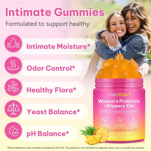 Vista 2 de Gomitas de probióticos femeninos para mujeres con olmo resbaladizo, probióticos vaginales para mujeres, gomitas de equilibrio femenino de pH para un