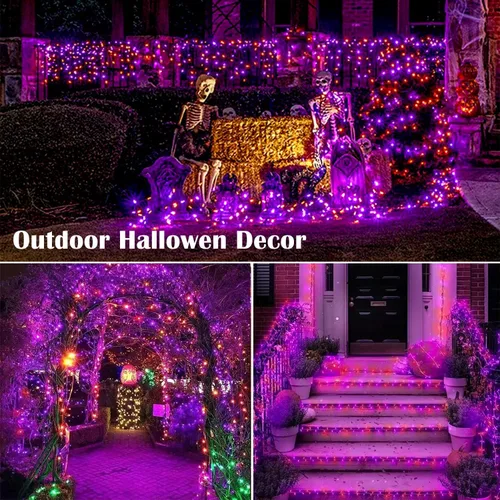 Vista 3 de Tira de luces de Halloween moradas y naranjas, 800 LED, 330 pies, 8 modos, temporizador, impermeable, para enchufar, para interiores y exteriores