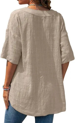 Vista 3 de Fangetey Camisa de manga corta para mujer, casual, cuello en V, de algodón, lino, holgada, para verano