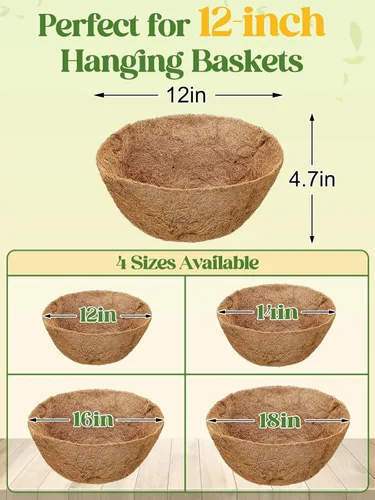 Vista 4 de ANPHSIN 4 forros de coco de 12 pulgadas para macetas colgantes, hechas de fibra de coco 100% natural, forro redondo grueso transpirable para porche
