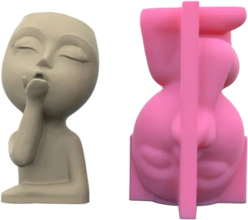 Vista 4 de Moldes de hormigón para macetas, 2 piezas de molde de silicona para macetas de figura de cabeza de niña pequeña, molde de silicona para decoración