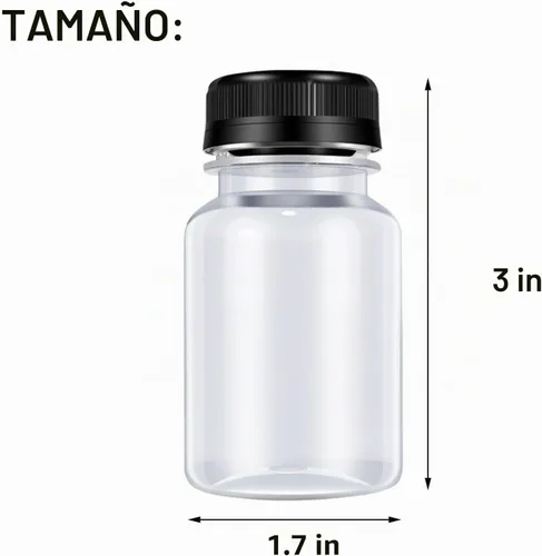 Vista 2 de 12 botellas de plástico para jugo, recipientes de bebidas reutilizables, para jugo, leche, batido y otras bebidas, con tapa negra, 3 onzas