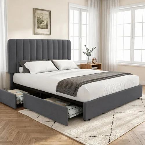 Vista 30 de VECELO Base de cama tapizada de tamaño matrimonial con 4 cajones y cabecero, plataforma de terciopelo, soporte de listones de madera, no necesita