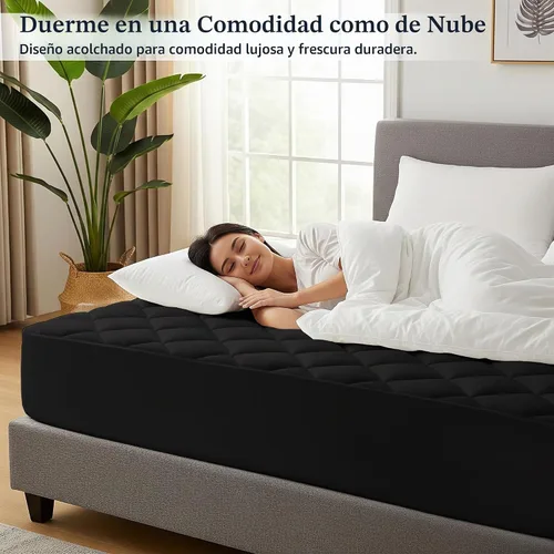 Vista 3 de LUX Décor - Protector de colchón tamaño individual, funda de colchón acolchada elástica ajustable Negro