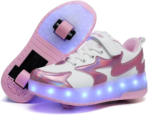 Vista 10 de Wooowyet - Tenis con ruedas y luces LED para niños y niñas, con ruedas, USB recargable, cierre de gancho y bucle