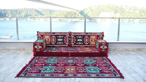 Vista 2 de arabicsofa Sofá Majlis Árabe Granate con Cojines – Sofá Modular de Dos Plazas de Suelo para Sala de Estar