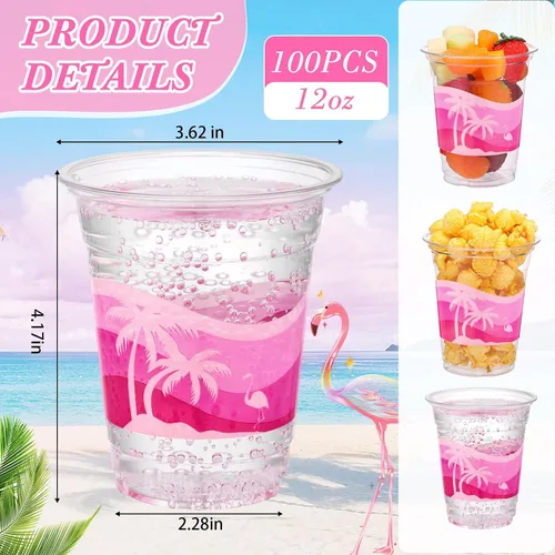 Vista 2 de Rtteri 100 vasos Luau de 12 onzas, vasos de plástico hawaiano tropical para fiesta, a granel, vasos desechables de palmera de coco y coco