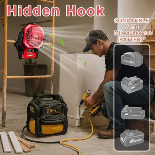 Vista 3 de Ventilador inalámbrico para el lugar de trabajo Milwaukee de 18 V, ventilador portátil alimentado por batería con motor sin escobillas, velocidad