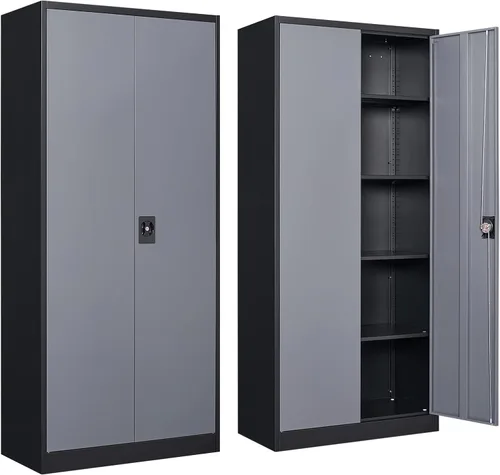 Vista 14 de Armario de almacenamiento de metal con 2 puertas, gabinete de almacenamiento de acero con cerradura con 2 puertas y estantes ajustables, gabinete