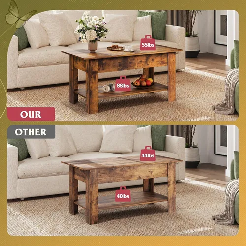 Vista 4 de WLIVE Mesa de Centro, Mesa de Centro de 39" con Tapa Elevable y Compartimento Oculto, Estante de Almacenamiento y Tapa Elevable para Hogar, Sala