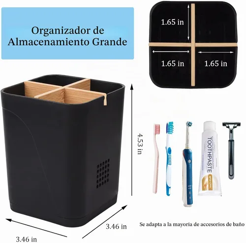 Vista 5 de Soportes para cepillo de dientes con drenaje para baños, soporte para cepillo de dientes de 4 ranuras con divisores de bambú, organizador de cepillo