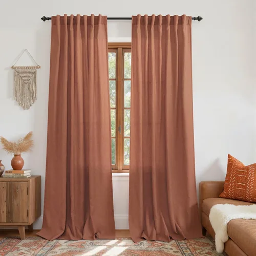 Vista 34 de Cortinas rústicas color beige tostado de 42 x 84 pulgadas de largo para sala de estar, juego de 2 paneles transparentes de lino natural, imitación