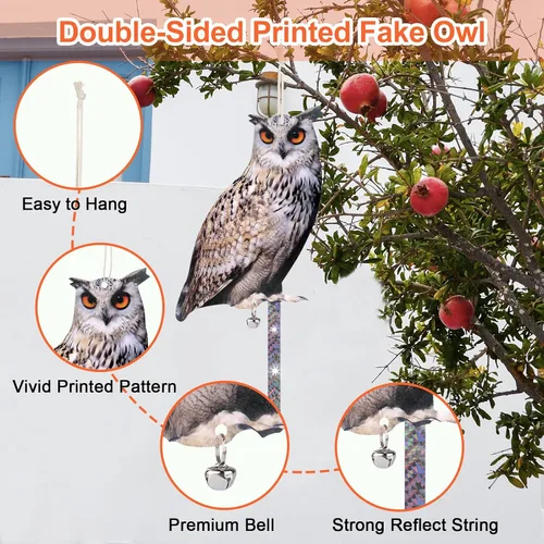 Vista 3 de Búho para mantener alejados a los pájaros, paquete de 3 búhos espantapájaros búho falso, decoración colgante reflectante para ahuyentar pájaros