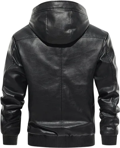 Vista 3 de Fanarcher Chaqueta de hombre de piel sintética con forro polar acolchada tipo bomber para motocicleta con capucha