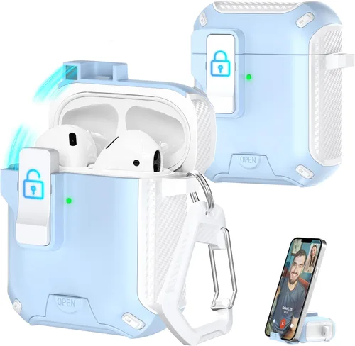 Vista 34 de R-fun Funda de carga compatible con AirPods de 2ª generación 2019, 1ª generación 2016, protección completa contra caídas, tapa desplegable