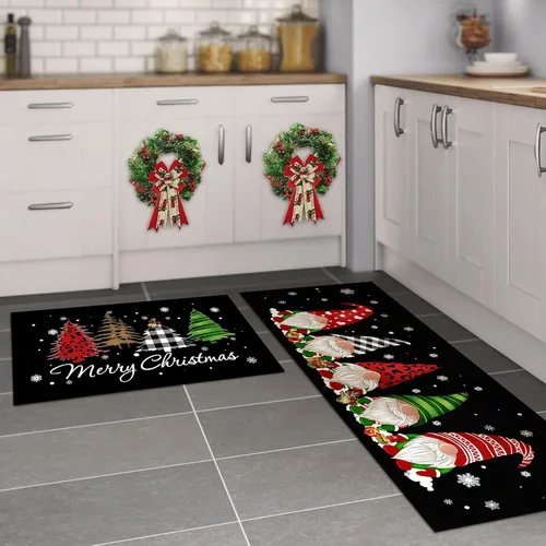 Vista 5 de Juego de 2 alfombras de cocina de Navidad - Alfombra de cocina a cuadros de búfalo, gnomos de árbol, alfombra de cocina negra, alfombra de piso