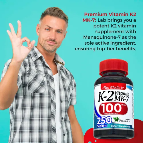 Vista 3 de FITO MEDIC'S Laboratorio Vitamina k2 Suplemento vitamínico k2 Vitamina k 250 cápsulas blandas 100 mcg