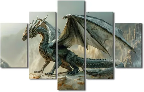 Vista 25 de Lienzo decorativo para pared de sala de estar, lienzo de dragón, 5 paneles, dragón verde, decoración de pared para el hogar, decoración de pared