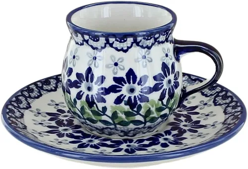 Vista 4 de Blue Rose Polish Pottery - Taza y platillo de café expreso de mariposa amarilla y azul - 3 onzas - Taza y platillo únicos, perfecto para el desayuno
