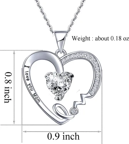 Vista 2 de UEUC - Collar con dije en forma de corazón con la leyenda I Love You Mom plata de ley 925, con diamantes de imitación, para mamá.