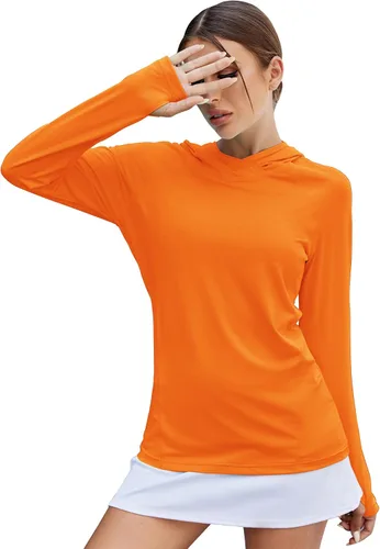 Vista 7 de LUYAA - Sudaderas con capucha para mujer, protección solar UPF 50+, transpirables, elásticas, para senderismo, manga larga, para correr Beige