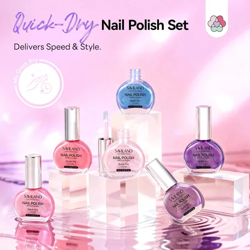 Vista 2 de SAVILAND - Juego de esmaltes de uñas perlado: secado rápido, 12 ingredientes libres, esmalte Aurora, 6 colores brillantes, morado, rosa, azul