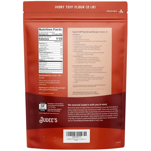 Vista 3 de Judee's Ivory Teff Harina de 2 libras, sin OMG, vegana, fabricada en Estados Unidos, almidón resistente, ideal para hacer pan de Teff rápido