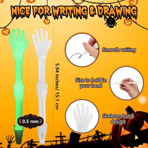 Vista 2 de Seajan 50 bolígrafos de Halloween que brillan en la oscuridad con huesos de calavera novedosos bolígrafos de enfermería creativos para niños