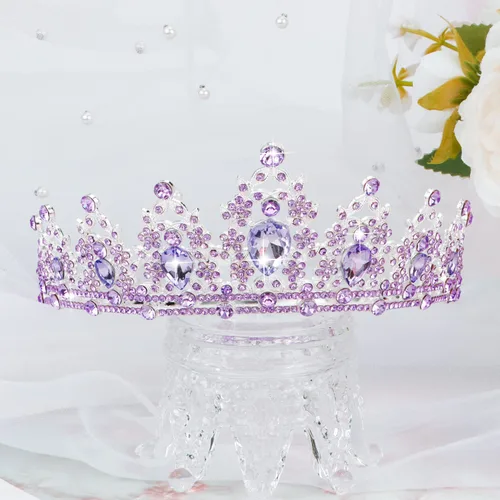 Vista 6 de SuPoo Kit de banda y corona de cumpleaños morada, tiara de princesa con peine, banda con purpurina para mujer, diadema de cristal para niñas