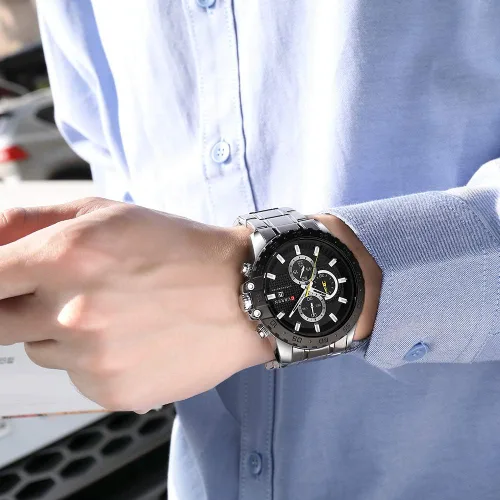 Vista 4 de Relojes de cuarzo de acero inoxidable cronógrafo reloj deportivo para hombre reloj masculino casual de negocios reloj de cuarzo