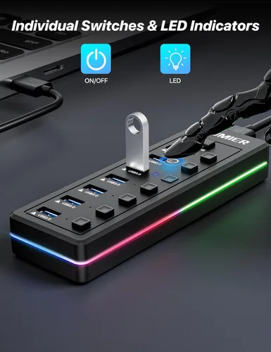 Vista 4 de Hub USB RGB, 7 puertos USB Splitter transferencia de datos para juegos, hogar, oficina, escuela USB 3.0 Hub with RGB LED Strip - Individual LED