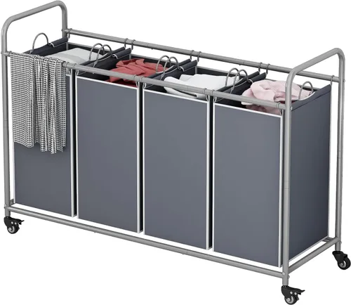 Vista 11 de LINZINAR Clasificador de ropa sucia de 3 bolsas, carrito de lavandería con ruedas enrollables resistentes y bolsas extraíbles (gris) Laundry Room