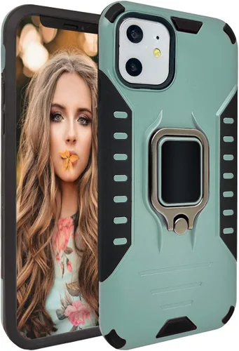 Vista 11 de MODOS LOGICOS Funda para iPhone 11, funda protectora de doble capa a prueba de golpes con soporte de anillo giratorio de metal 360 integrado, Verde