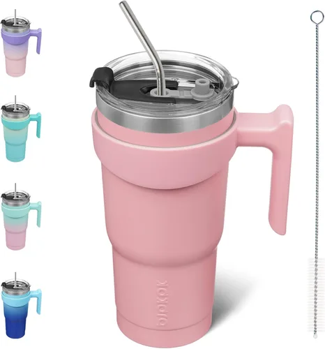 Vista 71 de BJPKPK Mini vaso de 10 onzas con tapa, popote y asa, taza de acero aislada