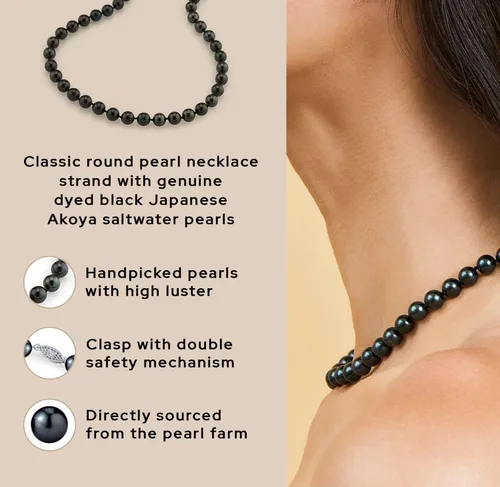 Vista 5 de The Pearl Source Collar de perlas japonesas Akoya negras para mujer, collar de perlas de oro de 14 quilates Collar de perlas largas de 18 pulgadas