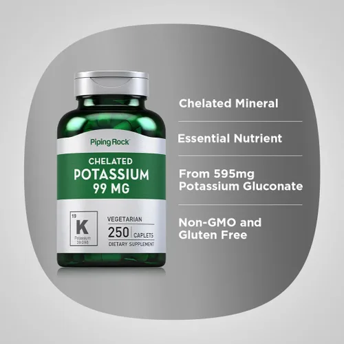 Vista 4 de Piping Rock Suplemento de potasio quelado 99 mg 250 cápsulas Gluconato de potasio Vegetariano, sin OMG, sin gluten