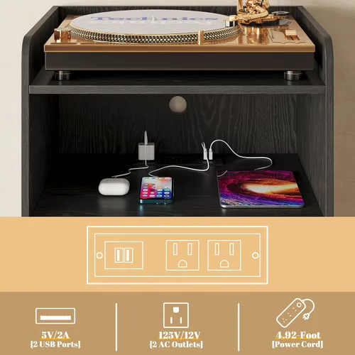 Vista 5 de Soporte para tocadiscos, plataforma giratoria con almacenamiento de discos y estación de carga y puertos USB, mesa para tocadiscos con divisor